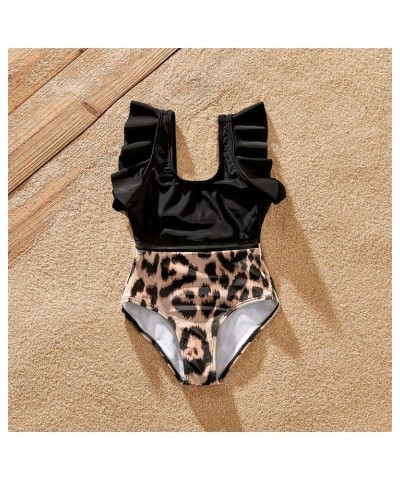 Family Matching Swimsuits Mommy and Me One Shoulder Cutout Colorblock Bathing Suits One Piece Swimwear Sets Girl Black&leopar...