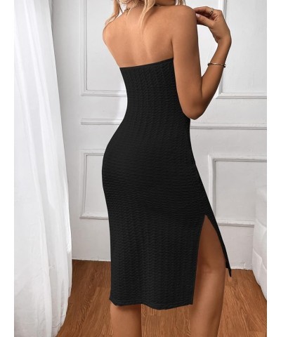 Women's Strapless Solid Split Thigh Tube Bodycon Midi Dress Black $13.33 Dresses