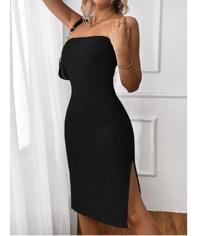 Women's Strapless Solid Split Thigh Tube Bodycon Midi Dress Black $13.33 Dresses