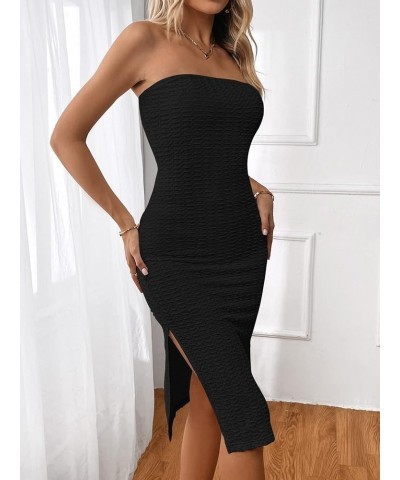 Women's Strapless Solid Split Thigh Tube Bodycon Midi Dress Black $13.33 Dresses