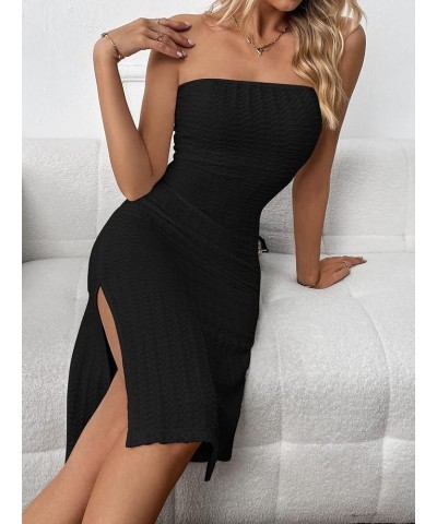 Women's Strapless Solid Split Thigh Tube Bodycon Midi Dress Black $13.33 Dresses