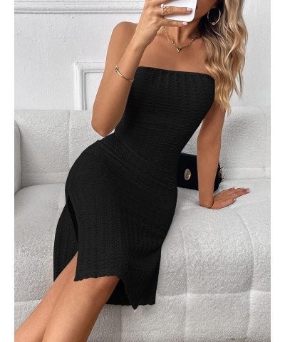 Women's Strapless Solid Split Thigh Tube Bodycon Midi Dress Black $13.33 Dresses