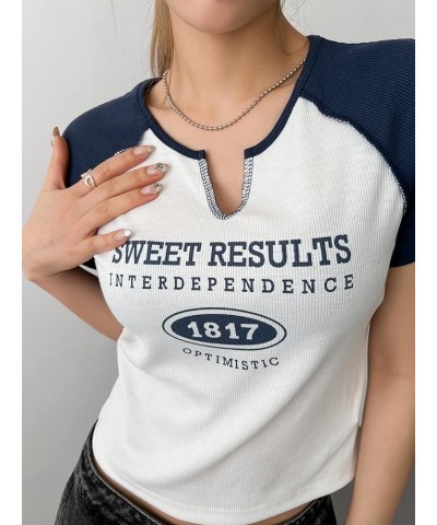 Women's Color Block Letter Print Short Sleeve Cropped Graphic Tee Raglan Shirt Navy Blue $10.19 T-Shirts