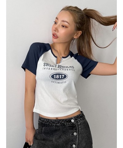 Women's Color Block Letter Print Short Sleeve Cropped Graphic Tee Raglan Shirt Navy Blue $10.19 T-Shirts