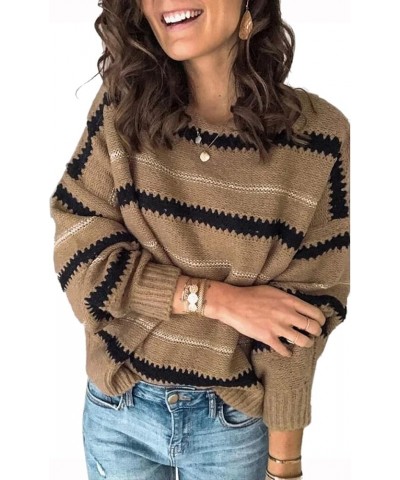 Womens Sweater Pullover Casual Long Sleeve Crewneck Color Block Pullover Knit Sweater for Women B-brown $18.45 Sweaters