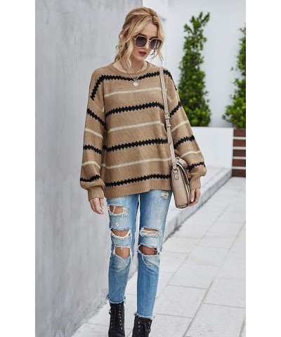 Womens Sweater Pullover Casual Long Sleeve Crewneck Color Block Pullover Knit Sweater for Women B-brown $18.45 Sweaters