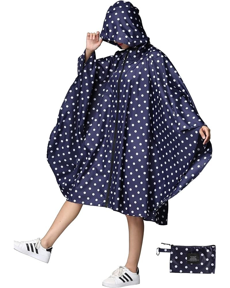 Womens Rain Poncho Stylish Polyester Waterproof Raincoat Free Size with Hood Zipper Various Colors Styles A Deep Blue Polka D...