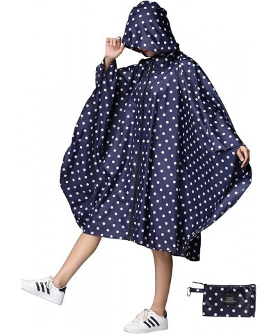 Womens Rain Poncho Stylish Polyester Waterproof Raincoat Free Size with Hood Zipper Various Colors Styles A Deep Blue Polka D...