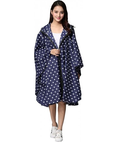 Womens Rain Poncho Stylish Polyester Waterproof Raincoat Free Size with Hood Zipper Various Colors Styles A Deep Blue Polka D...