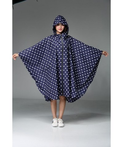 Womens Rain Poncho Stylish Polyester Waterproof Raincoat Free Size with Hood Zipper Various Colors Styles A Deep Blue Polka D...