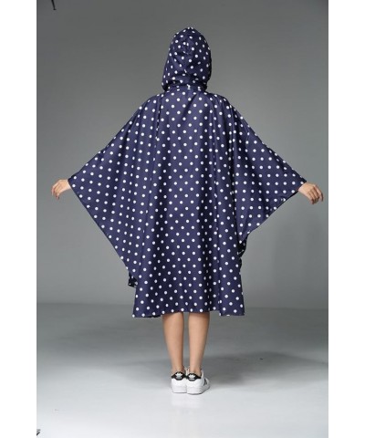 Womens Rain Poncho Stylish Polyester Waterproof Raincoat Free Size with Hood Zipper Various Colors Styles A Deep Blue Polka D...