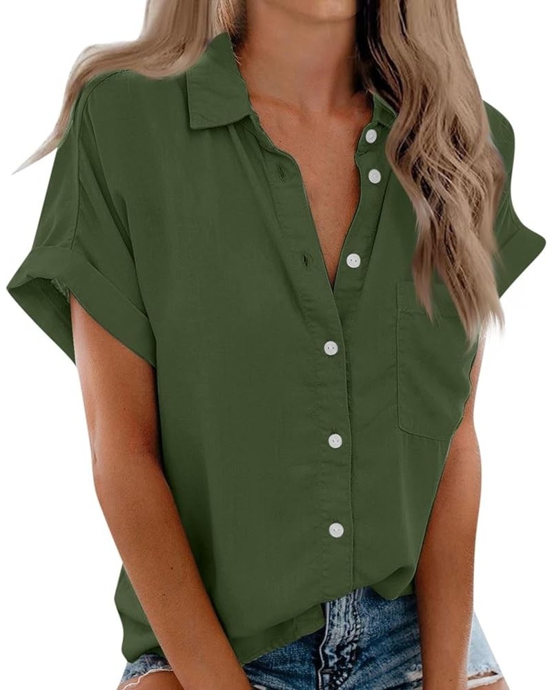 Women's Summer Vintage Business Button Down Shirt V-Neck Blouse Short Sleeve Office Top Cute Tunic Basic Tees Ea-army Green $...