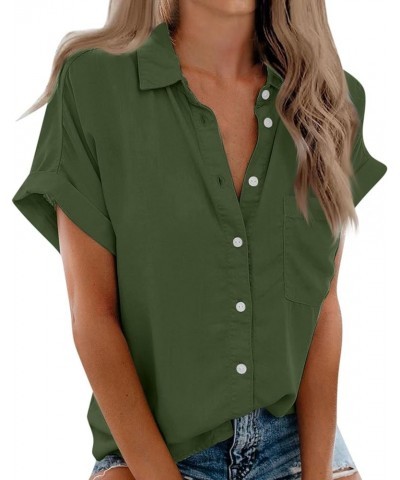 Women's Summer Vintage Business Button Down Shirt V-Neck Blouse Short Sleeve Office Top Cute Tunic Basic Tees Ea-army Green $...