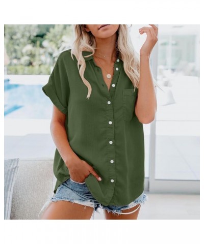 Women's Summer Vintage Business Button Down Shirt V-Neck Blouse Short Sleeve Office Top Cute Tunic Basic Tees Ea-army Green $...