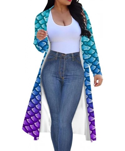 Women Plus Size Long Sleeve Cardigan, All-Season Polyester Cloak, Ladies Loose Casual Resort Wear Blouse Blue Mermaid Scale $...