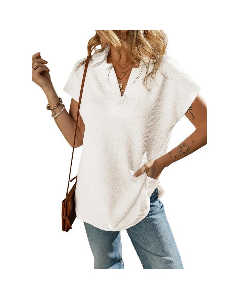 Women's Polo Shirts Casual Collared Short Sleeve Shirt Loose V Neck Tunic Tops B White $11.48 Shirts