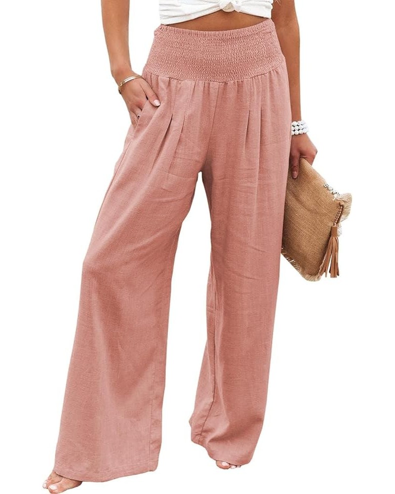 Women's Linen Wide Leg Pants Elastic High Waisted Palazzo Pants Lounge Yoga Trousers with Pockets Pink $20.64 Others