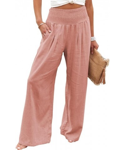 Women's Linen Wide Leg Pants Elastic High Waisted Palazzo Pants Lounge Yoga Trousers with Pockets Pink $20.64 Others