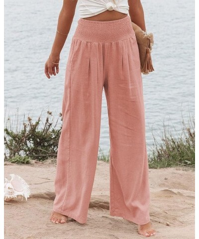 Women's Linen Wide Leg Pants Elastic High Waisted Palazzo Pants Lounge Yoga Trousers with Pockets Pink $20.64 Others