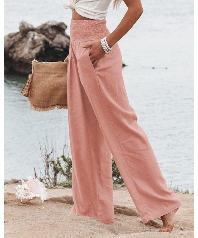 Women's Linen Wide Leg Pants Elastic High Waisted Palazzo Pants Lounge Yoga Trousers with Pockets Pink $20.64 Others