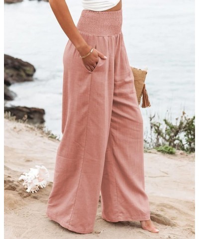 Women's Linen Wide Leg Pants Elastic High Waisted Palazzo Pants Lounge Yoga Trousers with Pockets Pink $20.64 Others