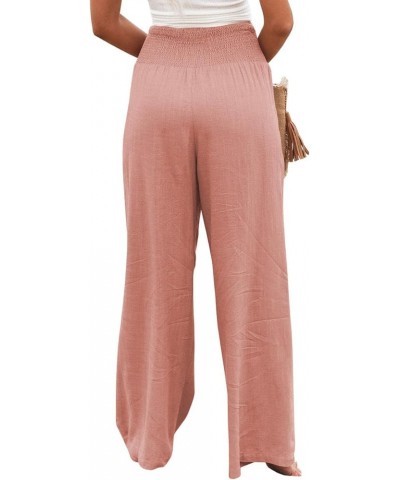 Women's Linen Wide Leg Pants Elastic High Waisted Palazzo Pants Lounge Yoga Trousers with Pockets Pink $20.64 Others