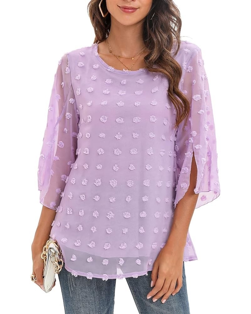 Womens Half Sleeve Layered Flowy Chiffon Blouses Round Neck Shirts Tops B02-purple $9.50 Blouses