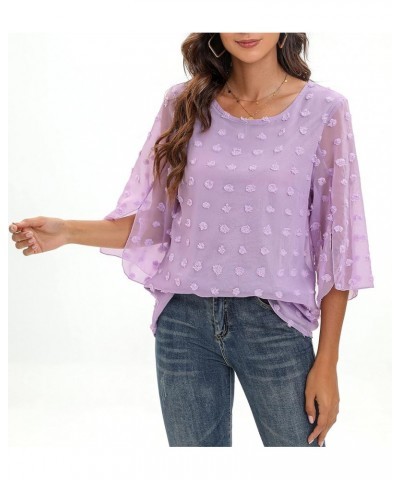 Womens Half Sleeve Layered Flowy Chiffon Blouses Round Neck Shirts Tops B02-purple $9.50 Blouses