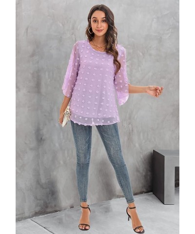 Womens Half Sleeve Layered Flowy Chiffon Blouses Round Neck Shirts Tops B02-purple $9.50 Blouses