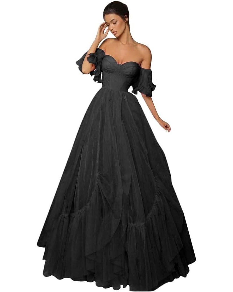 Off Shoulder Tulle Ball Gown Long Puffy Short Sleeve Prom Dresses Sweetheart Ball Gown Formal Dress for Women Black $45.45 Ot...