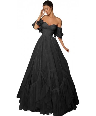 Off Shoulder Tulle Ball Gown Long Puffy Short Sleeve Prom Dresses Sweetheart Ball Gown Formal Dress for Women Black $45.45 Ot...