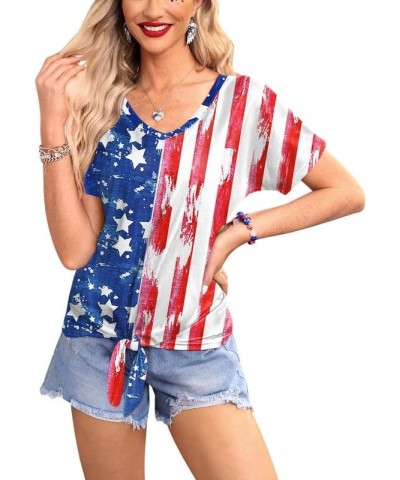 Women's 4th of July American Flag Short Sleeve Tie Front Shirt Usa Flag B9 $14.99 T-Shirts