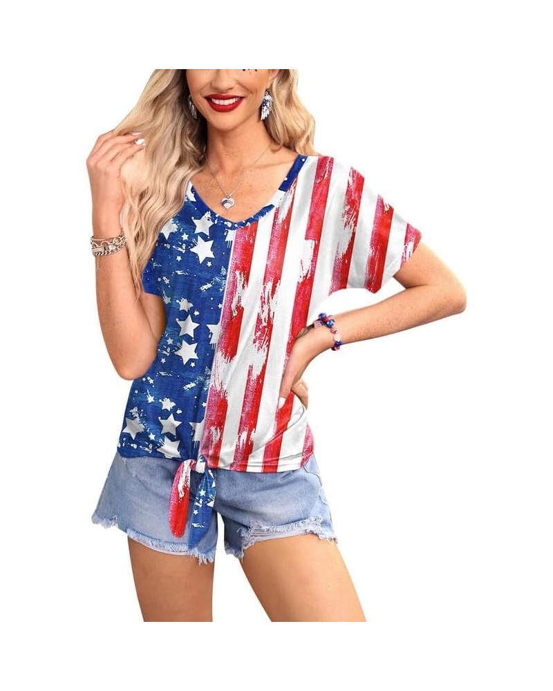 Women's 4th of July American Flag Short Sleeve Tie Front Shirt Usa Flag B9 $14.99 T-Shirts