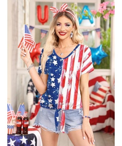 Women's 4th of July American Flag Short Sleeve Tie Front Shirt Usa Flag B9 $14.99 T-Shirts