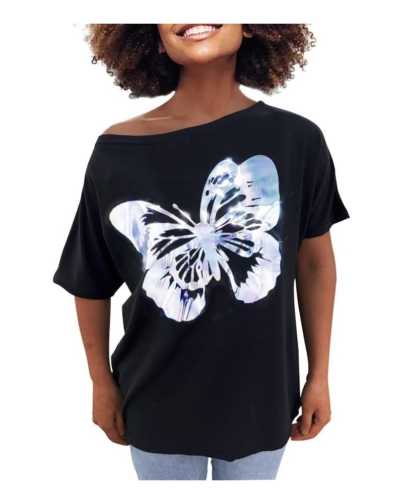 Womens Off The Shoulder Tops Sexy Shiny Shirts Short Sleeves Funny Graphic T-Shirt Blouses Black+ Silver Butterfly $12.50 Blo...