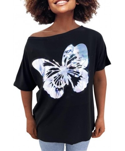 Womens Off The Shoulder Tops Sexy Shiny Shirts Short Sleeves Funny Graphic T-Shirt Blouses Black+ Silver Butterfly $12.50 Blo...