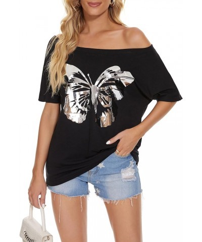 Womens Off The Shoulder Tops Sexy Shiny Shirts Short Sleeves Funny Graphic T-Shirt Blouses Black+ Silver Butterfly $12.50 Blo...