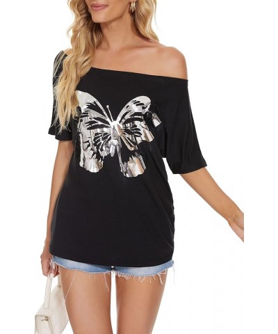 Womens Off The Shoulder Tops Sexy Shiny Shirts Short Sleeves Funny Graphic T-Shirt Blouses Black+ Silver Butterfly $12.50 Blo...