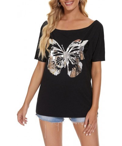 Womens Off The Shoulder Tops Sexy Shiny Shirts Short Sleeves Funny Graphic T-Shirt Blouses Black+ Silver Butterfly $12.50 Blo...