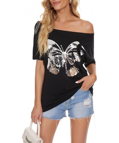 Womens Off The Shoulder Tops Sexy Shiny Shirts Short Sleeves Funny Graphic T-Shirt Blouses Black+ Silver Butterfly $12.50 Blo...