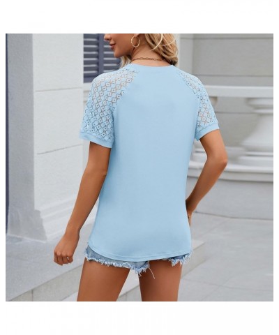 Summer Lace Tops for Women Pleated Eyelet Basic Tees Hollow Puff Sleeve Embroidery Shirts Solid Color Blouse Am06-sky Blue $7...