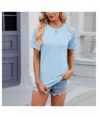 Summer Lace Tops for Women Pleated Eyelet Basic Tees Hollow Puff Sleeve Embroidery Shirts Solid Color Blouse Am06-sky Blue $7...