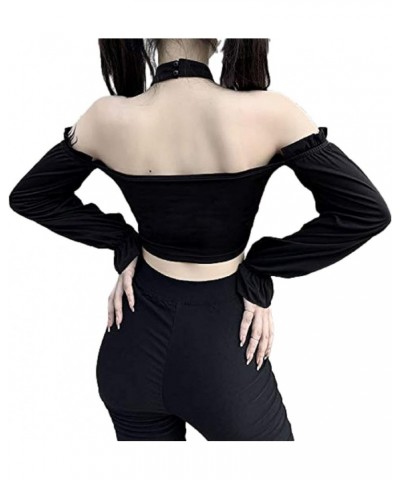 Dark Punk Crop Top with Chains Women Punk Off Shoulder Hollow Out Solid Backless Tops 001-black $10.63 Tanks