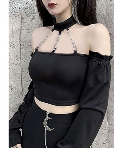 Dark Punk Crop Top with Chains Women Punk Off Shoulder Hollow Out Solid Backless Tops 001-black $10.63 Tanks