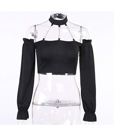 Dark Punk Crop Top with Chains Women Punk Off Shoulder Hollow Out Solid Backless Tops 001-black $10.63 Tanks