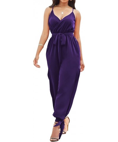 Women's Casual Adjustable Spaghetti Strap Jumpsuits Bodycon Sleeveless Long Pants Elegant Rompers with Pockets Purple11141 $1...