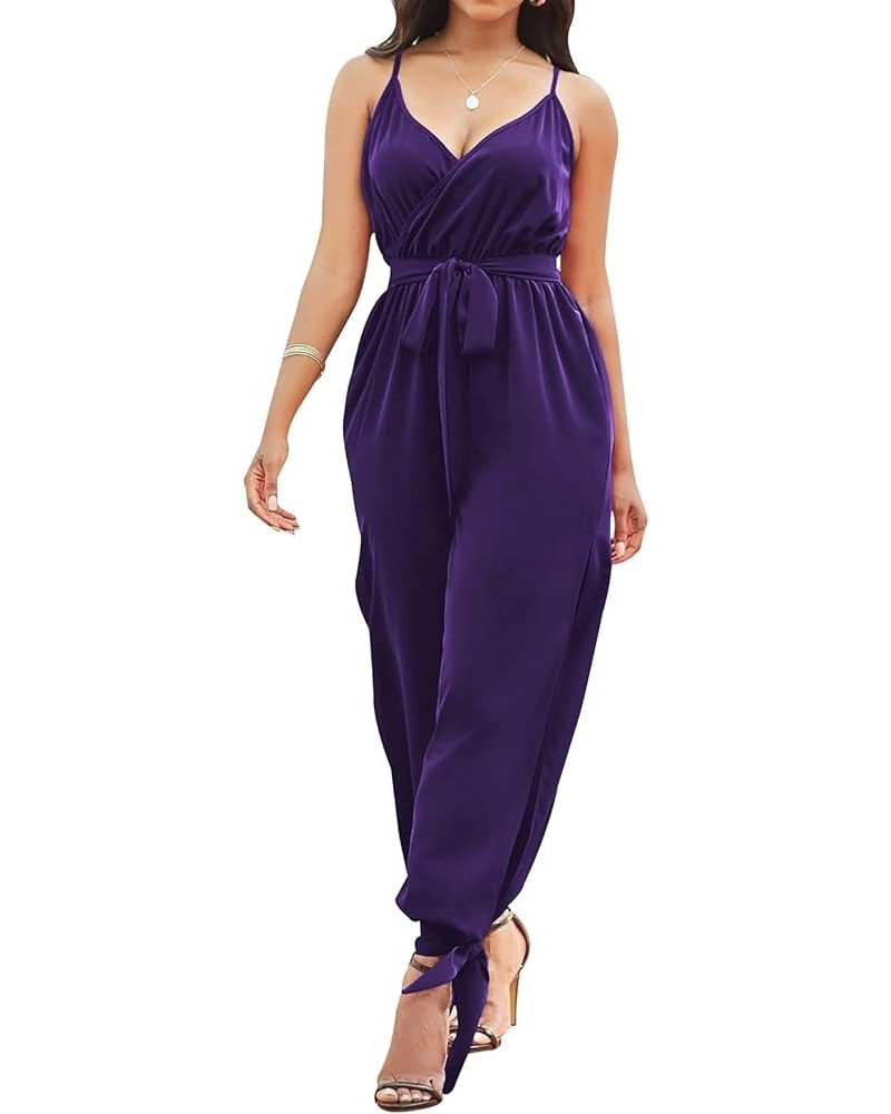 Women's Casual Adjustable Spaghetti Strap Jumpsuits Bodycon Sleeveless Long Pants Elegant Rompers with Pockets Purple11141 $1...