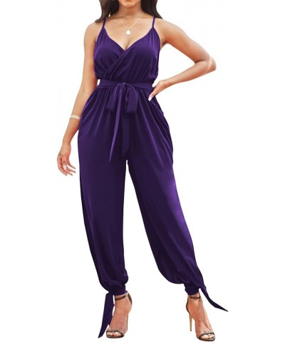 Women's Casual Adjustable Spaghetti Strap Jumpsuits Bodycon Sleeveless Long Pants Elegant Rompers with Pockets Purple11141 $1...