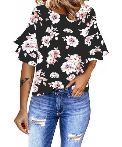 Women's Casual 3/4 Tiered Bell Sleeve Crewneck Loose Tops Blouses Shirt A2 Pink Floral Print Black $15.80 Blouses