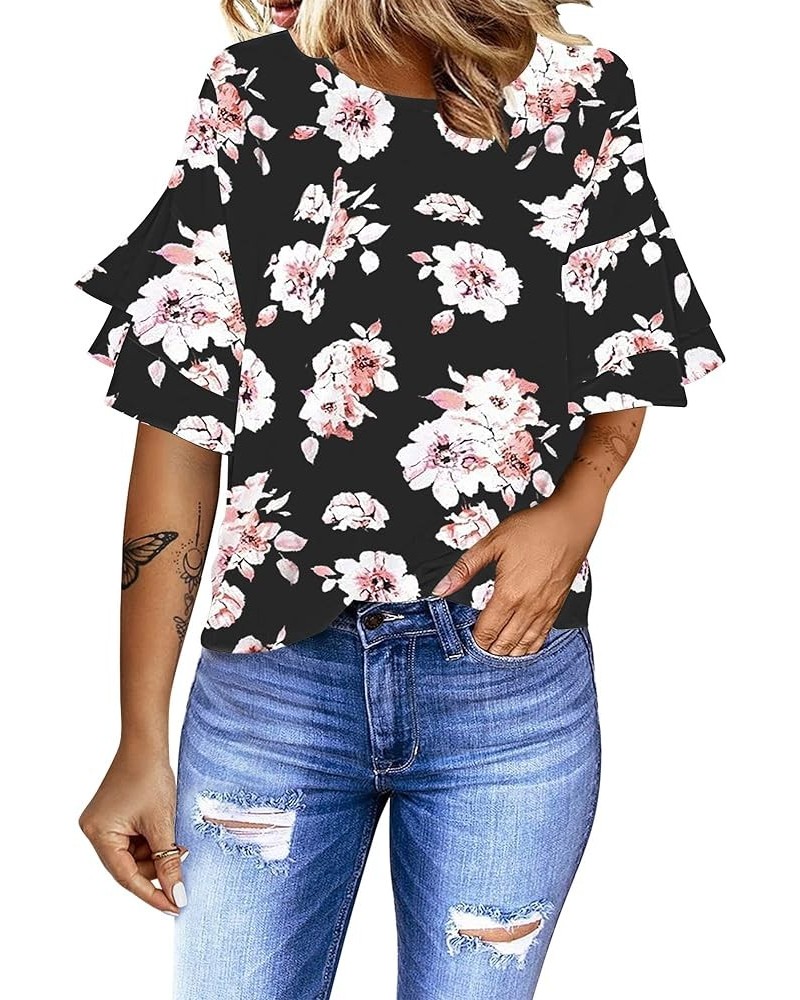 Women's Casual 3/4 Tiered Bell Sleeve Crewneck Loose Tops Blouses Shirt A2 Pink Floral Print Black $15.80 Blouses